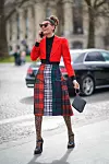 PARIS, FRANCE - MARCH 06: Giovanna Battaglia wears a red blazer jacket, a black top, colored skirt, heart shaped sunglasses , outside Chanel, during Paris Fashion Week Womenswear Fall/Winter 2018/2019, on March 6, 2018 in Paris, France. (Photo by Edward Berthelot/Getty Images)