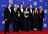 BEVERLY HILLS, CALIFORNIA - JANUARY 05: (L-R) Dean-Charles Chapman, Sam Mendes, George MacKay, Pippa Harris, Callum McDougall, Krysty Wilson-Cairns, and Jayne-Ann Tenggre of the film '1917,' winner of the Best Motion Picture - Drama award, pose in the press room during the 77th Annual Golden Globe Awards at The Beverly Hilton Hotel on January 05, 2020 in Beverly Hills, California. (Photo by Kevin Winter/Getty Images)