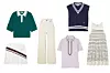Pletena polo majica Marc O‘Polo Denim; Zalando (109 eura)/ plisirana teniska suknja Tory Burch (140 eura)/ traperice Frankie Shop (200 eura)/ pletena vesta Sporty & Rich (135 eura)/ polo majica Tory Burch (150 eura)/ haljina na pruge COS (89 eura)