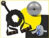 Ekspander za vježbanje (60 kn); Reebok lopta za fitness 65 cm (133 kn); AB Wheel Kettler kotač za vježbanje (239 kn) / Žuti klik