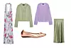 Haljina 39,95 € ZARA/ Pletena pamučna vesta 39,95 € ZARA/ Pulover od pamuka i poliestera 29,95 € ZARA/ Kožnate balerinke Wonders 104 € RODEA/ Midi suknja od satenskog poliestera 25,95 € ZARA