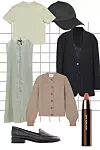 Majica kratkih rukava The Frankie Shop (75 eura)/ šilt kapa adidas; Buzz (199 kn)/ slip haljina Zara (199,90 kn)/ pleteni kardigan Envelope1976; Net-a-Porter (4,169 kn)/ oversized sako The Frankie Shop (211 eura)/ mokasinke od kože Aldo (690 kn)/ kremasti ruž za usne Hourglass; Cult Beauty (31 funta)