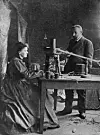 Marie Curie (1867 - 1934) Polish -born French physicist in her laboratory with husband Pierre (1859 - 1906), eminent French chemist. (Photo by Hulton Archive/Getty Images)