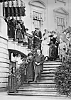 Editorial use only Marie Curie at the White House. Polish-French physicist and chemist Marie Curie (1867-1934) being escorted down the steps of the White House by US President Warren G. Harding (1865-1923). He had presented her with a certificate for the gift to her of a gram of radium on behalf of the women of America to honour her discovery of this radioactive element. Curie's daughters were present, as well as more than 100 scientists and diplomats from Poland and France. Marie had received the 1911 Nobel Prize in Chemistry for her discovery of polonium and radium. She and her husband Pierre (1859-1906) had shared the 1903 Nobel Prize in Physics for their work on radioactivity. Photographed in Washington DC, USA, on 20 May 1921., Image: 394454110, License: Rights-managed, Restrictions: Editorial use only, Model Release: no, Credit line: LIBRARY OF CONGRESS / Sciencephoto / Profimedia