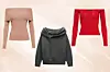 Alaïa bež pletena majica sa spuštenim ramenima (990 eura)/Zara sivi pulover ravnog izreza s podvrnutim detaljem i metalnim detaljem (29,95 eura)/Dolce&Gabbana crveni pulover sa spuštenim ramenima (665 eura)