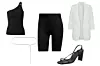 Top na jedno rame Weekday; About You (112 kn)/ nakit za oko struka H&M (13 eura)/ biciklističke hlačice adidas (340 kn)/ sako ležernog kroja Pieces; About You (299 kn)/ sandale s remenčićima LeGer; About You (334 kn - akcijska cijena)/