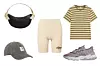 Torbica od veganske kože HVISK (125 eura)/ sportska kapa Diesel (71 euro)/ biciklističke hlačice Sporty & Rich; Net-a-Porter (749 kn)/ pugasta majica Arket (12 eura)/ tenisice adidas (889 kn)