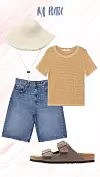 Zalando Stradivarius BERMUDA - Kratke hlače od trapera - blue denim - 22,99 eura; Mango Osnovna majica kratkih rukava - medium brown - 22,99 eura; Birkenstock ARIZONA REGULAR - Sandale - mocca - 99,41 eura; Zara Ribarski šešir s izvučenim nitima - 15,95 eura