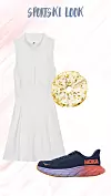 Zara Maxi gumica za kosu s cvjetnim uzorkom i kontrastom - 12,95 eura; Zalando Even&Odd active Sportska haljina - white - 43,67 eura; Zalando HOKA ARAHI 7 - Tenisice za cestovno trčanje - 119,95 eura