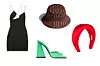 Asimetrična party haljina Nensi Dojaka (880 funti)/ monogram bucket šešir adidas x Ivy Park (45 funti)/ mules natikače The Attico Devon (590 eura)/ rajf za kosu Prada (nedostupno)
