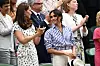 LONDON, ENGLAND - JULY 14: Catherine, Duchess of Cambridge and Meghan, Duchess of Sussex react after Novak Djokovic of Serbia beat Rafael Nadal of Spain in the Men's Singles semi-final on day twelve of the Wimbledon Lawn Tennis Championships at All England Lawn Tennis and Croquet Club on July 14, 2018 in London, England. (Photo by Clive Mason/Getty Images)