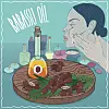 Glass Decanter of Babassu oil and seeds of Attalea speciosa plant. Girl applying facial mask on face. Natural vegetable oil used for skin care