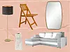 Nymö/Skaftet podna lampa - 429 kn (Ikea) // Drveni sklopivi stolac s ratanom - 899 kn (Zara Home) // Ogledalo zaobljeno - 306,90 kn (Vivre) // Keramička vaza - $12,99 (H&M Home) // Kutna garnitura - 3.562 kn (Namjestaj.hr)