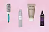 Moroccanoil Ceramic Ionic Round Brush (28,59 eura Douglas, KeuneStyle Brilliant Gloss Spray (11,76 eura ShopStyle), Living ProofNo Frizz (17 eura Notino), TRESemméHeat Protection Defence Spray (6,70 eura Notino)
