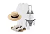 Zara šešir s kontrastnom trakom (19,95 eura)/Birkenstock Uji sandale (140 eura)/Calzedonia haljina s volanima (21,25 eura)/Zara prugasti gornji dio kupaćeg kostima (19,95 eura)/Zara prugasti donji dio kupaćeg kostima (17,95 eura)