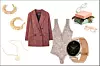Zlatne naušnice Mohito 59 kn; karirani sako Pull and Bear 279,90 kn; čipkani bodi Tezenis; naočale Izipizi; Huawei Watch (Polleo Sport) 2299 kn; srebrna ogrlica Charm Silver 480 kn