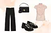 Crne svečane hlače Pull&Bear (17,99 eura), Ručna torbica Lauren Ralph Lauren (347,60 eura), Cipele mokasinke stil Mango (59,99 eura), Bluza s gumbima Saint Tropez (49,95 eura)