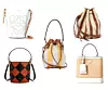 Bijela bucket torba Loewe €1,300/ velike bucket torba od rafije Hunting Season €728/ mini bucket torbica od tkanine Fendi €1,290/ torba s karo uzorkom Uterque 1690 kn/ bucket torb od rafije Prada