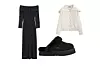 Pamučna maksi haljina 35,99 € H&M/ Krznene papuče Ugg, 99 € KARLA/ Vunena vesta 55,95 € MASSIMO DUTTI