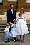 390272 12: Greece''s Crown Prince and Crown Princess Pavlos with their children, left to right, Constantine Alexiosson, Maria-Olympia, and Achileas Andraes pose for a photograph June 7, 2001 at the Greek Cathedral of Saint Sophia in London, England. (Photo by Sion Touhig/Getty Images)