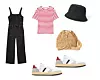 Traper kombinezon s vidljivim šavovima Top Shop/ majica na prugice H&M/ bucket šešir H&M/ slamnata bucket torba H&M/ RE/DONE tenisice