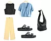 Crop top bez rukava &Other Stories/ kardigan kratkih rukava &Other Stories/ lagane hlače s uzorkom Zara/ kožne natikače Proenza Schouler x Birkenstock/ vrećasta torba Reserved