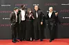 BERLIN, GERMANY - OCTOBER 10: (L-R) US actor Ron Howard, french actor Omar Sy, british actress Felicity Jones, US actor Tom Hanks and US author Dan Brown attend the German premiere of the film 'INFERNO' at Sony Centre on October 10, 2016 in Berlin, Germany. (Photo by Isa Foltin/Getty Images for Sony Pictures)