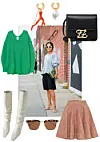 Predimenzionirana vesta, H&M / Rasparene naušnice, TIMELESS PEARLY / Torba s pozlaćenom kopčom, FENDI / Visoke čizme, ZARA / Sunčane naočale s okvirom od bivoljeg roga, BOTTEGA VENETA / Suknja od kože, ALAÏA