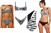 Bikini asimetričnog dizajna Solid & Striped (176 dolara)/ bikini s visokim gaćicama The Attico (269 eura)/ jednodijelni kupaći kostim On The Island By Marios Schwab; Net-a-Porter (1687 kn - akcijska cijena)/ dvodijelni kupaći kostim Yamamay (200 kn)