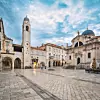 Luza Square with Bell Tower and Church of St. Blaise (St. Vlaho) in the Old Town of Dubrovnik, Southern Dalmatia, Croatia
