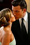 HOLLYWOOD - MARCH 23: Actor Ben Affleck kisses fiancee, actress Jennifer Lopez, wearing Harry Winston jewelry, at the 75th Annual Academy Awards at the Kodak Theater on March 23, 2003 in Hollywood, California. (Photo by Kevin Winter/Getty Images)