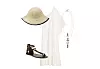 Zara kožne sandale (49,95 eura)/Zara šešir s kontrastnim detaljima (19,95 eura)/Zara asimetrična haljina od lana (49,95 eura)/Zara paket od tri orglice (22,95 eura)