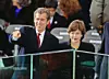 Businessman George W. Bush waves from the podium prior to his Dad, United States President-elect George H.W. Bush being sworn-in as 41st President of the United States at the US Capitol on January 20, 1989. At right is his wife, Laura Bush., Image: 359058289, License: Rights-managed, Restrictions: *** World Rights ***, Model Release: no, Credit line: CNP / ddp USA / Profimedia