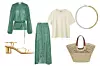 Komplet bluza i suknja od plisea Forte Forte/ sandale na nisku petu Arket/ t-shirt COS/ dvobojna ogrlica COS/ pleteni ceker COS