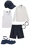 Kapa & Other Stories (29 eura)/ rebrasta potkošulja, lanena košulja i kratke bermude Massimo Dutti (29,95 + 49,95 + 69,95 eura)/ prstenje s biserima Cherry Dear (90 eura)/ sandale na platformu Zara (49,95 eura)