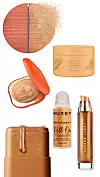 Les Beiges Healthy Golden Glow Powder dvostruki highlighter, nijanse Soleil Couchant, 74 € CHANEL/ Shine Bright brzoupijajući maslac za tijelo sa zlaćanim odsjajem, 29,99 € PUPA/ Juicy Fizz Sunkissed LumiBronzer, nijansa Toffee, 25,99 € KIKO MILANO/ Glow All Over stik brončanog sjaja za lice i tijelo, obogaćen biljnim uljima i skvalanom, 32 € ICONIC LONDON/ Huile Prodigieuse Or suho ulje za lice, tijelo i kosu u novom rollon obliku, 41,11 € NUXE/ Body Lava gelasti losion za tijelo, nijansa Hold My Trophy, 50 € FENTY BEAUTY