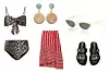 Kupaći kostim tigrastog uzorka Ganni (My Theresa)/ zlatne naušnice Ben-Amun (The Outnet)/ sunčane naočale mačkastih okvira Celine (My Theresa)/ asimetrična suknja s prugama Stella McCartney (The Outnet)/ kožne natikače s kopčom Uterque