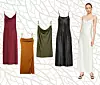 Slip haljina boje vina Max Mara; My Theresa (135 eura)/ slip haljina s prorezom Stradivarius (149,90 kn)/ mini slip haljina Stradivarius (139,90 kn)/ crna slip haljina Vince; My Theresa (295 eura)/ bijela haljina od svile Anine Bing (499 eura)