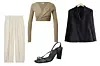 Hlače visokog struka od lana Arket (79 eura)/ crop top na preklop LeGer; About You (207 kn -akcijska cijena)/ sako & Other Stories (99 eura)/ sandale s remečićima LeGer; About You (334 kn - akcijska cijena)
