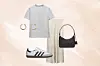 Mango naušnice (9,09 eura)/Adidas Samba tenisice (100 eura)/Zara sivi T-shirt (12,95 eura)/Zara satenska midi suknja (12,99 eura)/Prada kožna torbica (1900 eura)