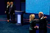 CLEVELAND, OHIO - SEPTEMBER 29: First lady Melania Trump stands with President Donald Trump as he looks at Democratic presidential candidate former Vice President Joe Biden as he is hugged by his wife Jill Biden during the first presidential debate at the Health Education Campus of Case Western Reserve University on September 29, 2020 in Cleveland, Ohio. This is the first of three planned debates between the two candidates in the lead up to the election on November 3. (Photo by Morry Gash-Pool/Getty Images)