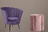 Ljubičasta fotelja od tekstila Xora, 249€ Lesnina i Tabure Flower 40x40x46 cm, 171,21€ Prima