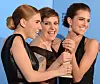 Lena Dunham (C) poses in the press room with her Best performance by an actress in a television comedy or musical series award for ”Girls” with co-stars Zosia Mamet (L) and Allison Williams at the Golden Globes awards ceremony in Beverly Hills on January 13, 2013. AFP PHOTO/Robyn BECK (Photo by ROBYN BECK/AFP)