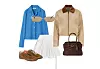 Miu Miu x New Balance tenisica/Miu Miu košulja od poplina/Alaïa suknja/Prada sunčane naočale/Loewe kožna jakna/Miu Miu kožna torba