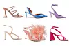 Natikače od satena Amina Muaddi; Net-a-Porter (5727 kn)/ cipele otvorene pete Amina Muaddi; Matches Fashion (820 eura)/ satenske cipele na vezanje The Attico (580 eura)/ sandale s ukrasnim remenčićima Aldo (790 kn)/ sandale s perjem Bottega Veneta; My Theresa (1100 eura)/ sandale s debelom petom The Attico (630 eura)