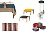 Platneni prugasti stolnjak; Mango Home (299,90 kn - akcijska cijena)/ Podnožnik žuti Poäng; Ikea (399 kn)/ Podnožnik plavi Poäng; Ikea (549 kn)/ Svjetiljka Andromeda Quattro G; Kult Home (959 kn - akcijska cijena)/ Vuneni tepih; Zara Home (569 kn)/ 18-dijelni set tanjura Diamond Multicolor; Vivre (569 kn)