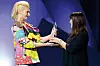 BERLIN, GERMANY - DECEMBER 07: Croatian producer Ankica Juric Tilic (R) receives the Eurimages Co-Production Award from Polish actress Agata Buzek (L) onstage during the 32nd European Film Awards (Europaeischer Filmpreis) at Haus Der Berliner Festspiele on December 7, 2019 in Berlin, Germany. (Photo by Clemens Bilan - Pool/Getty Images)