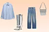 Oversize košulja Zara (49,95 eura)/Srebrne čizme na petu Zara (99,95 eura)/Tamnoplave traperice visokog struka Zara (29,95 eura)/Srebrna torbica s perlicama i resama Zara (39,95 eura)