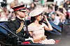 LONDON, ENGLAND - JUNE 09: Prince Harry, Duke of Sussex and Meghan, Duchess of Sussex during Trooping The Colour on the Mall on June 9, 2018 in London, England. The annual ceremony involving over 1400 guardsmen and cavalry, is believed to have first been performed during the reign of King Charles II. The parade marks the official birthday of the Sovereign, even though the Queen's actual birthday is on April 21st. (Photo by Chris Jackson/Getty Images)