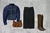 Vivienne Westwood traper jakna (346 eura)/Tom Ford torbica od brušene kože (2350 eura)/Stradivarius duga traper suknja (25,99 eura)/Isabel Marant čizme (750 eura)